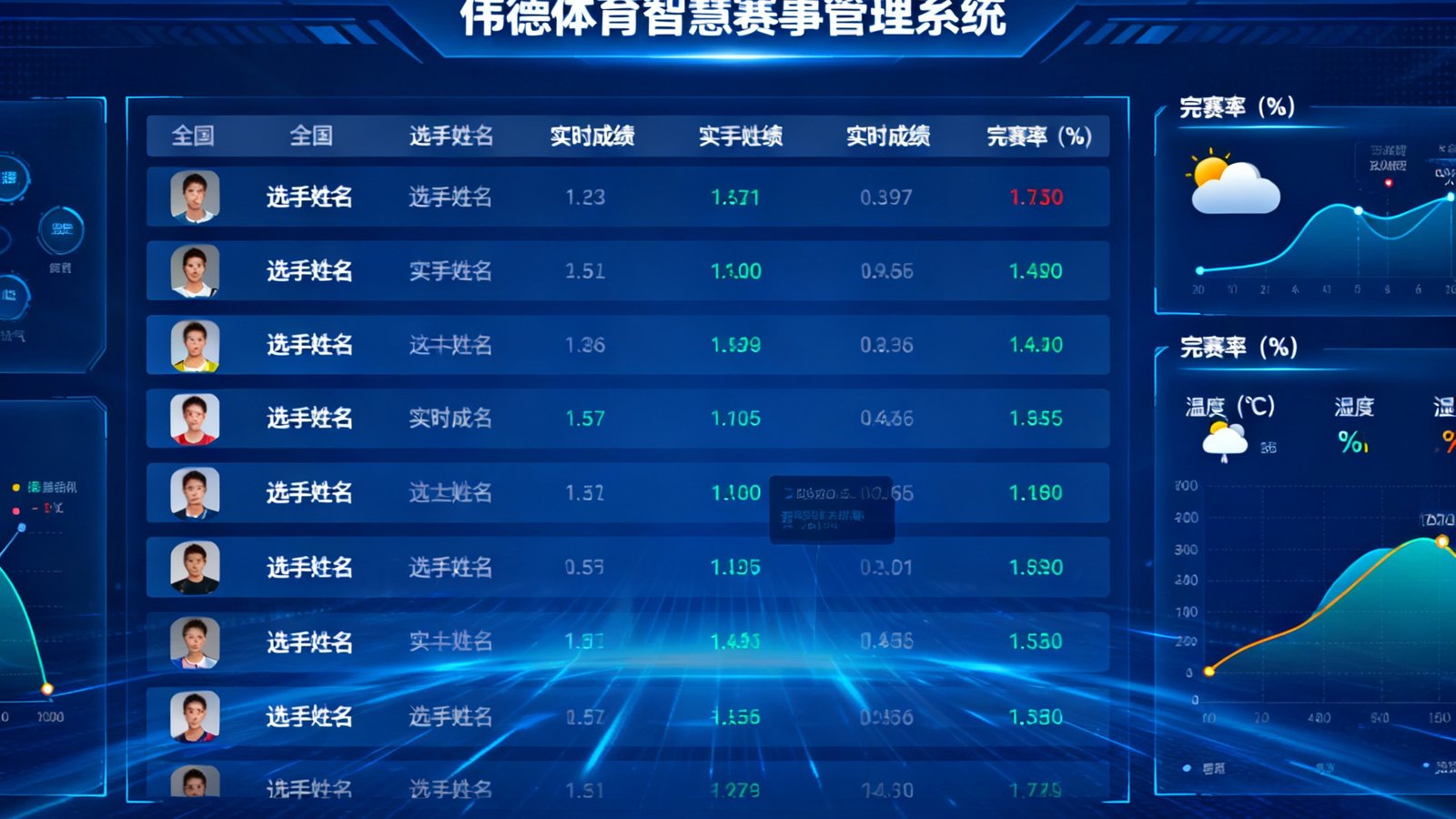 伟德体育智慧赛事管理系统后台的数据可视化大屏，实时跳动显示全国多场赛事选手数据、完赛率曲线和天气监测信息，科技感十足。