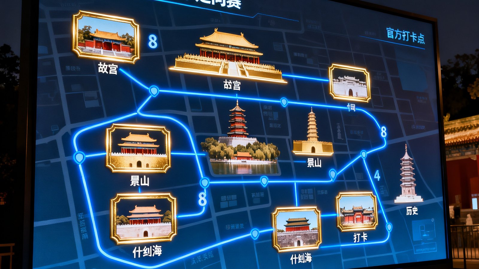 2025年北京城市定向赛官方路线规划图展示在电子屏幕上，标注了8个打卡点分布于故宫、景山、什刹海等历史地标区域。