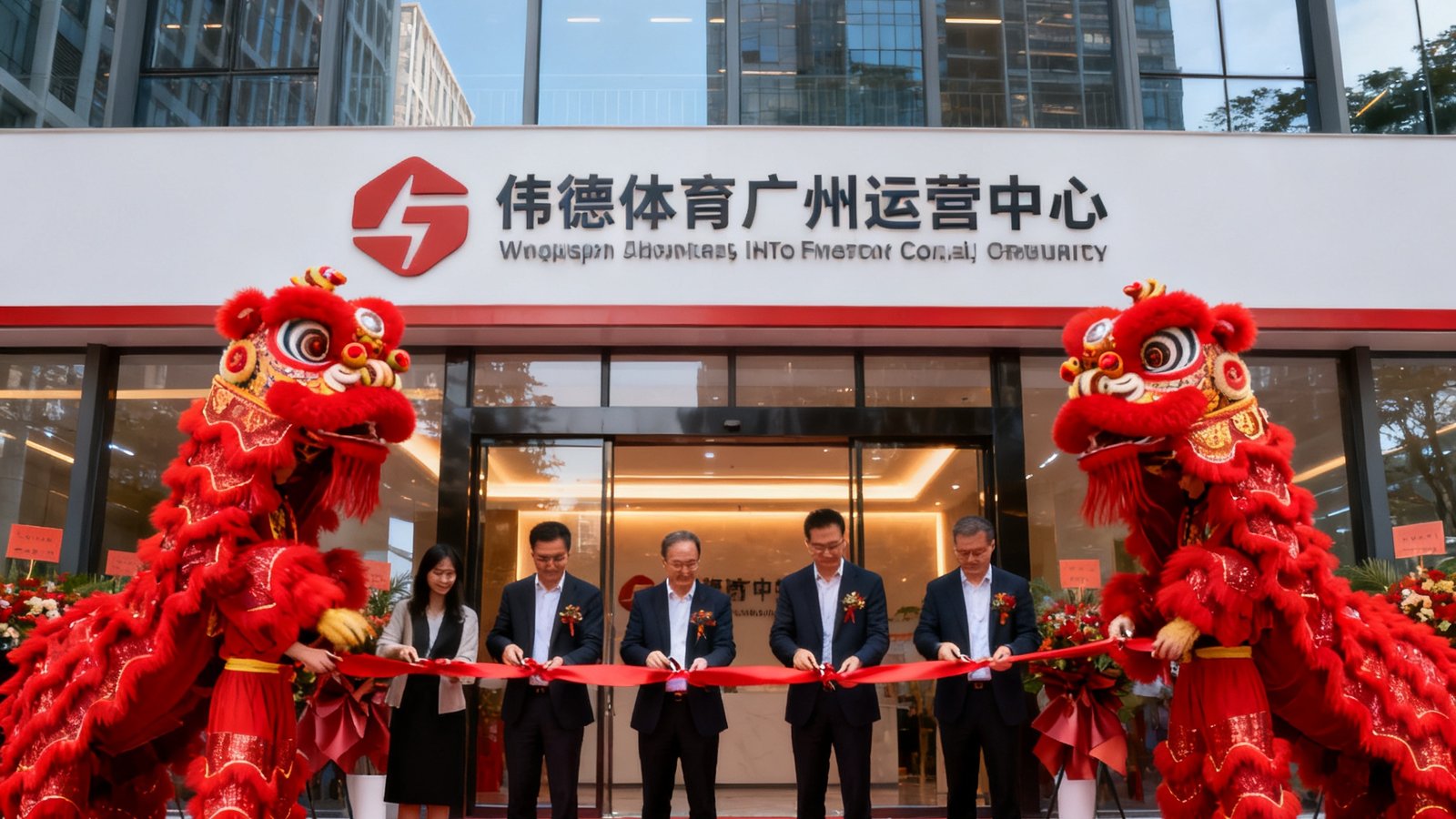 伟德体育广州运营中心开业仪式现场，红色舞狮队伍在门前表演，公司高管共同剪彩，背景是现代化写字楼外观。