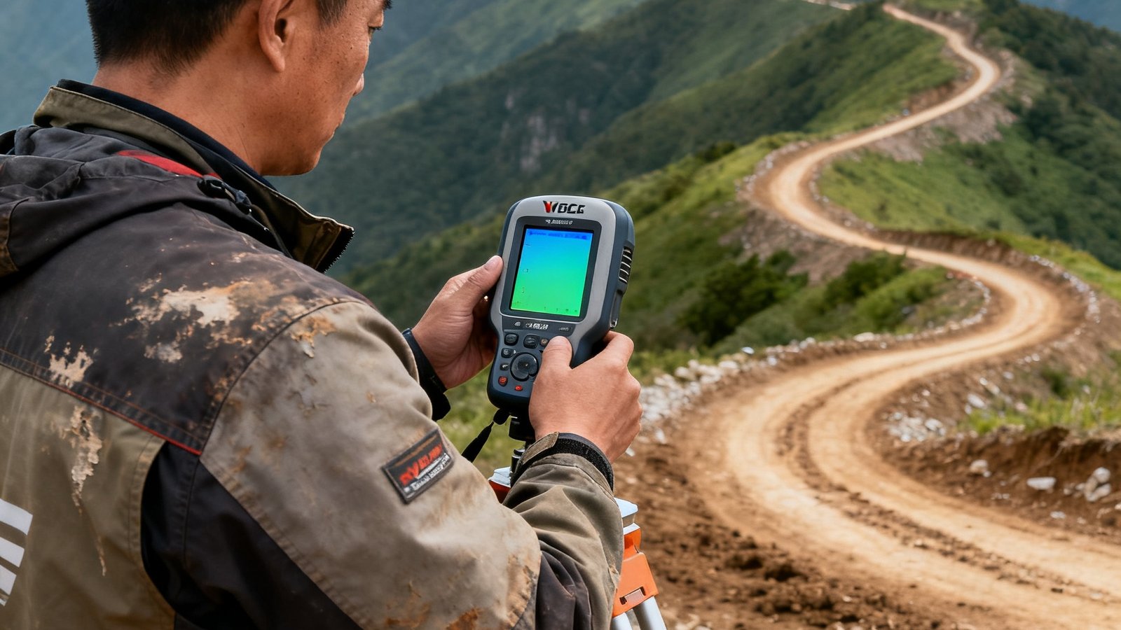 伟德体育赛事总监林海峰身穿户外工装站在山地赛道旁，手持GPS测绘设备仔细勘测路线，远处是连绵起伏的山峦和蜿蜒的赛道。